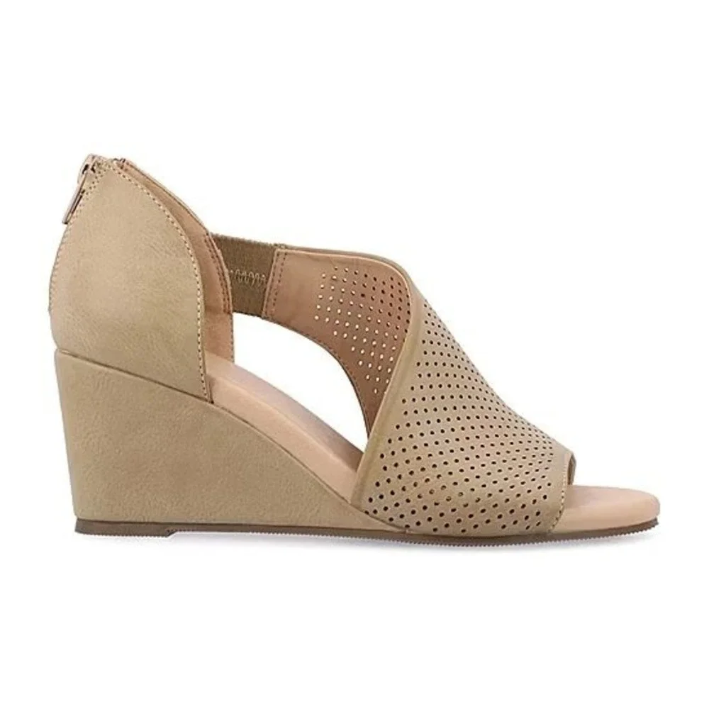 Journee Collection Aretha Taupe Perforated Wedge Sandals Womens 7WD Wide Width